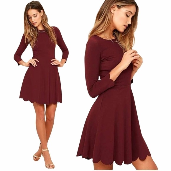 Lulus Cumulonimbus Clouds Burgundy Scallop Fit & Flare Dress Size Small NWT - Picture 2 of 9